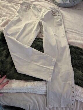 Tribal Light Beige Casual Pants with Button Hem